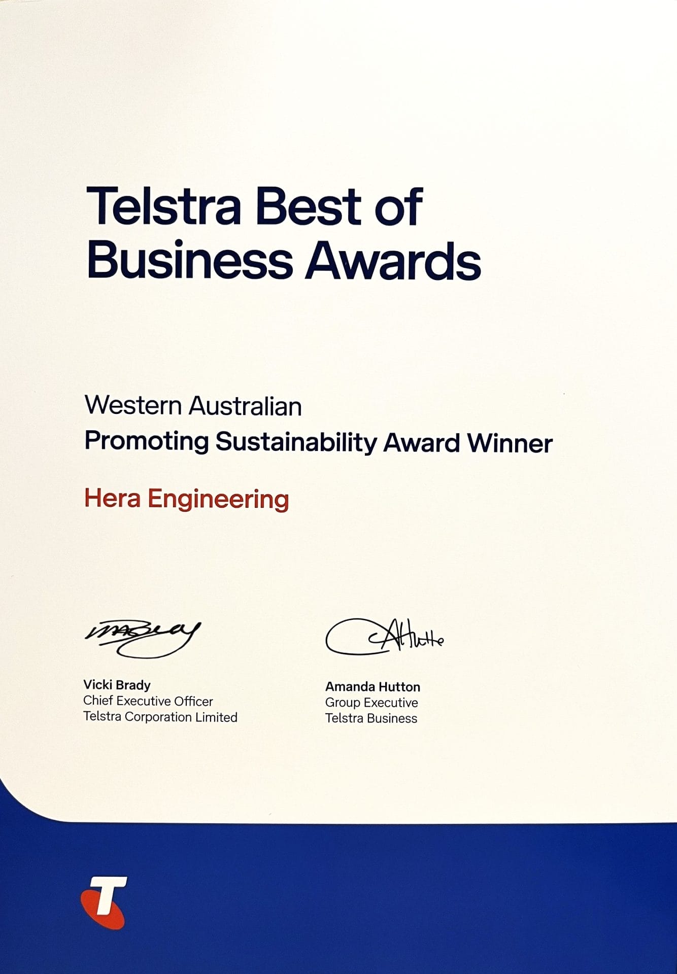Hera Engineering named WA winner of Telstra Best of Business Sustainability Award